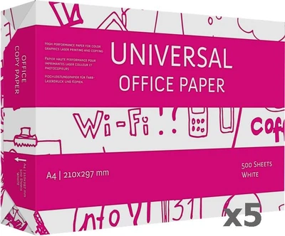 Бумага офисная А4 Universal А4 Copy 75 г/м² белый. Упаковка 5 шт. х 500 листов.