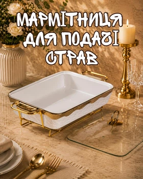 Мармит фарфоровый 2 л на металлической подставке с подогревом / мармитница со стеклянной крышкой 40х22.5х15.5 см, белый с золотистым