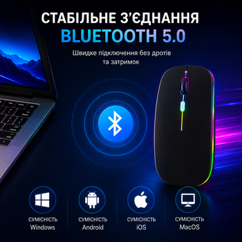Беспроводная RGB мышь PANTXIKE Bluetooth 5.0 / 1600 DPI / аккумулятор / чёрная