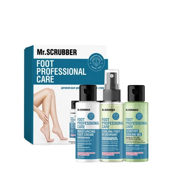 Дорожный набор для ухода за ногами и стопами Mr.SCRUBBER Foot Professional Care: Освежающий спрей Mr.SCRUBBER Cooling Foot Deodorant 35 мл + Увлажняющий крем Mr.SCRUBBER Moisturizing Foot Cream 35 мл + Гель Mr.SCRUBBER Leg & Foot Cooling Gel 35 мл