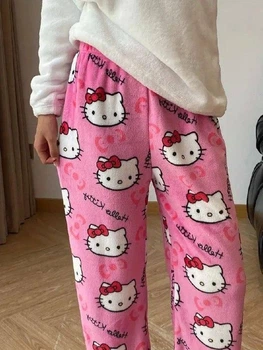 Штани піжамні плюшеві Hello Kitty рожевого кольору, теплі домашні штани Хеллоу Кітті L