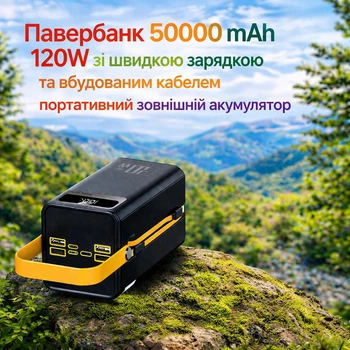 Павербанк 50000 mAh 120W зі швидкою зарядкою та вбудованим кабелем портативний зовнішній акумулятор (чорний)