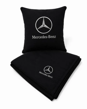Плед и подушка в авто с вышитым логотипом MERCEDES черный флис 260г/м2 размер M