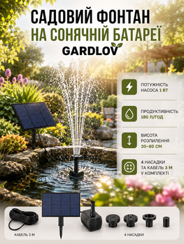 Садовый фонтан на солнечных батареях 7В 1Вт 180 л/ч черный АБС-пластик Gardlov
