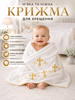 Крижма для обряду хрещення хрестин дитини новонародженого немовляти хрестильний рушник махровий м’який 70×140 см подарунок на хрестини церковний білосніжний зі золотою вишивкою ніжний до шкіри хлопчика і дівчинки добре вбирає вологу після купелі бавовна