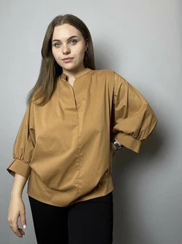 Женская базовая рубашка на стойке с объемными рукавами ADRESS MKAD7479 - 50, Коричневий