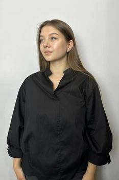 Женская базовая рубашка на стойке с объемными рукавами ADRESS MKAD7479 - 48, Чорний