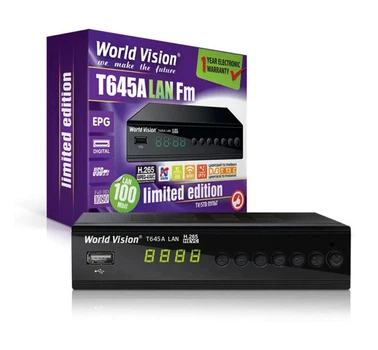World Vision Т645A LAN FM | Т2 приймач, FM-радіо, LAN порт + підтримка USB WiFi адаптера, IPTV, WebTV, Megogo, дісплей + кнопки управління на передній панелі, металевий корпус