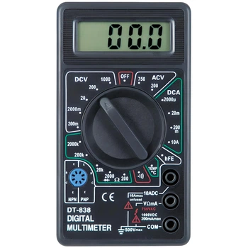 Тестер DT-838 LCD, 125*70мм, пластиковий футляр, A, V, R, тест діодів, зумер, температура
