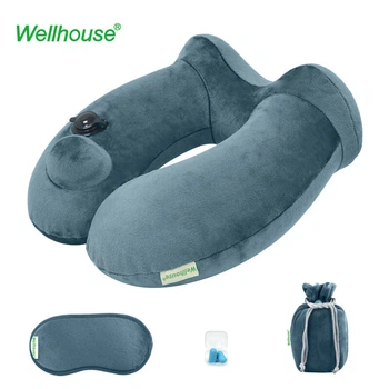 Подушка для шиї WELLHOUSE U-подібна надувна дорожня для сну в літаку сіра