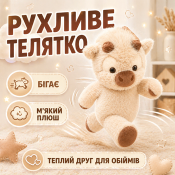 Мягкая игрушка бегающий теленок 45 см плюшевая с подвижными лапками большими глазами и наполнителем 3D-пух гипоаллергенная