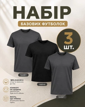 Набір чоловічих базових футболок 3 шт 190 г/м² бавовна графіт/чорний M