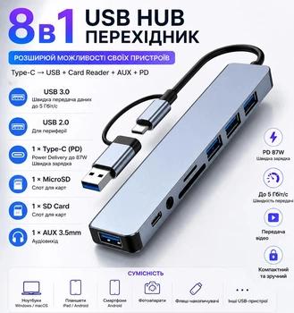 USB хаб перехідник Кардрідер Звуковая карта 8в1 з type c на usb для заряджання телефону планшета ноутбука фотоапарата usb hub роз'єм Type-C AUX MicroSD cardreader до гаджетів пристроїв на базі Android MacBook юзб 2.0 юсб 3.0
