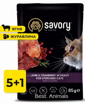 Вологий корм для стерилізованих Savory Сейворі з ягням та журавлиною в соусі пауч 85 г 5+1 шт (4820261920093)
