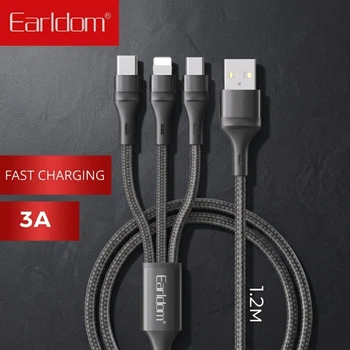 Кабель 3в1 Earldom EC-IMC031 USB-A Type-C Lightning Micro USB 3A 1.2м нейлоновий швидка зарядка