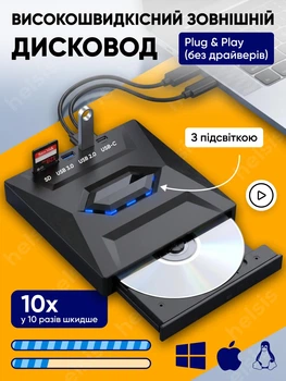 Дисковод внешний многофункциональный оптический DVD привод и USB хаб с кардридером Micro SD Type-C USB для ноутбука компьютера ПК для записи CD DVD RW