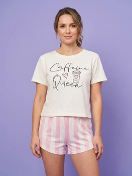 Жіноча піжама Caffeine Queen футболка з написом та шорти у широку смужку XS Різнобарвний (20251)