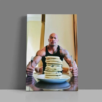 Інтер'єрна картина Двейн Джонсон (Скеля) та млинці, Dwayne Johnson (The Rock) and pancakes, бодібілдер, гумор, 42×28 см (id6992)
