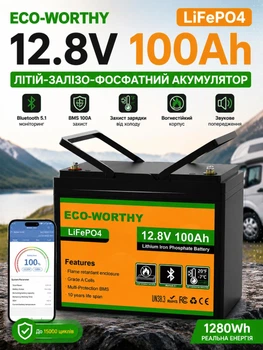Акумулятор Eco-Worthy 12V100Ah 1280Wh універсальна LiFePO4 12.8V 100Ah батарея з Bluetooth 5.1 і низькотемпературним захистом 15000 циклів
