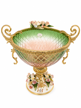 Кришталева фруктовниця цукерниця з ручками та порцеляною Каподімонте діаметр 24 см висота 26 см