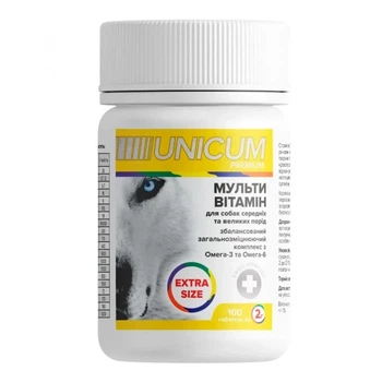 Unicum Premium Витамины для собак средних и крупных пород мультивитамин с омега-3 и омега-6, 100табл.