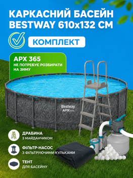 Великий каркасний басейн APX 365 2025 круглий, сімейний басейн з пісочним фільтром, тентом та сходами, 40377 л