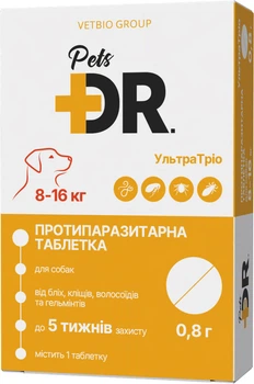 Противоразитарная таблетка для собак DR.Pets УльтраТрио весом от 8 до 16 кг 0.8 г (81387 / 4820206981387)