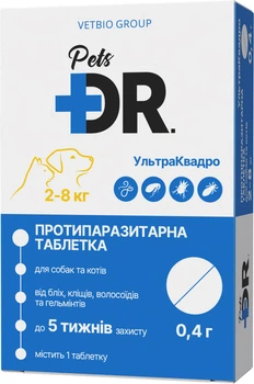 Противоразитарная таблетка для собак и кошек DR.Pets УльтраКвадро весом от 2 до 8 кг 0.4 г (81448 / 4820206981448)