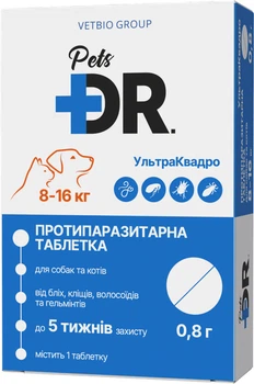 Противоразитарная таблетка для собак и кошек DR.Pets УльтраКвадро весом от 8 до 16 кг 0.8г (81455 / 4820206981455)