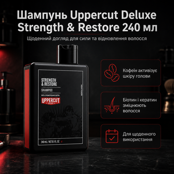 Шампунь Uppercut Deluxe Strength and Restore 240 мл для волос с биотином, кофеином и кератином, очищение и укрепление, уход для тонких и тусклых прядей