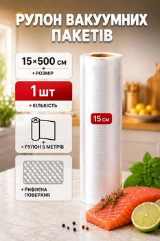 Пакеты для вакууматора рифленые пищевые, 1 рулон - 5 м, ширина 15 см. Пленка в рулоне для вакуумного упаковщика, для запайки и вакуумирования сухих и влажных продуктов. Вакуумный рулон для вакууматоров VacuumRolls_15*500