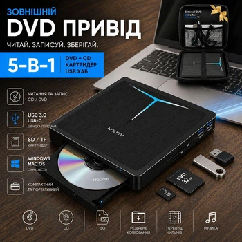 Внешний DVD привод NOLYTH USB 3.0/USB-C - запись/читывание CD/DVD, 5-в-1, SD/TF, для Windows/Mac