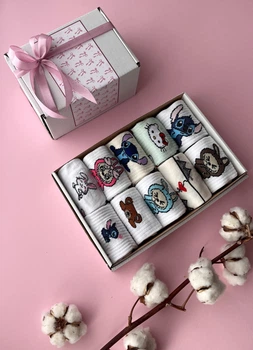 Подарочный набор детских носков, 10 пар с героями Stitch и Hello Kitty в коробке, носки для девочки 30-35 (6-10 лет)