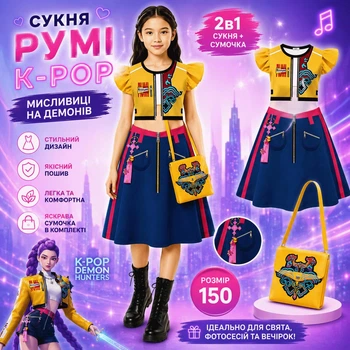 Платье Руми Кейпоп Охотники на демонов Хантрикс K-POP Demon Hunters Huntrix с сумочкой 2 в 1 для девочки размер 150 для фотосессии, праздника, тематической вечеринки