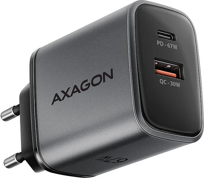 Сетевое зарядное устройство для Axagon 2x port (USB + USB-C), PD3.0/QC4+/PPS/Apple, 67W Серый (ACU-PQ67)
