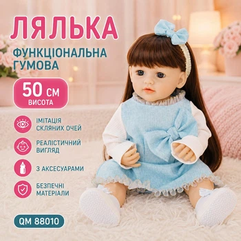 Лялька функціональна гумова 50 см імітація скляних очей з аксесуарами соска/пляшка/памперс/взуття/пов'язка QM 88010 (i7-184148)