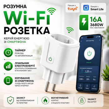 Розумна Wi-Fi смарт розетка U&P 16A 3680W з таймером та лічильником електроенергії Tuya