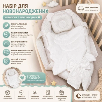 Кокон-гніздечко для новонароджених білий з ручками, м'якими бортами та подушкою