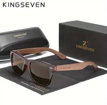 Брендовые мужские солнцезащитные поляризационные очки KINGSEVEN Classic Wood Browne дужки дерево, высший уровень защиты UV400