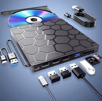 Зовнішній DVD CD RW 8 в 1 привод для читання й запису компакт дисків USB 3.0 Type-C для ноутбуків ПК та Mac