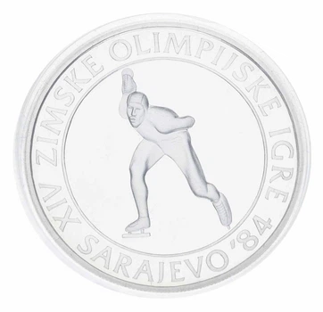 Монета Югославия 100 динаров 1984 Серебро Proof XIV зимние Олимпийские игры в г. Сараево 1984 - Конькобежный спорт