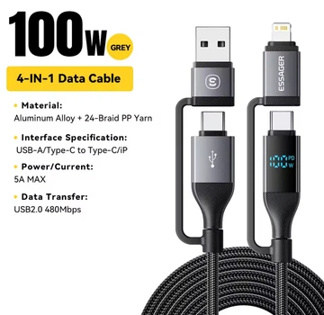 Кабель быстрой зарядки 4 в 1 для Xiaomi 100W Mi Fast Charge USB к Type-C и Lighting 6A на 1 метр Essager