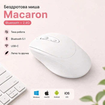 Мышь беспроводная Macaron Bluetooth 2.4G бесшумная аккумуляторная USB-C белая
