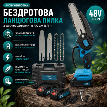 Аккумуляторная беспроводная цепная пила с двумя шинами, 15/20 см (6/8")