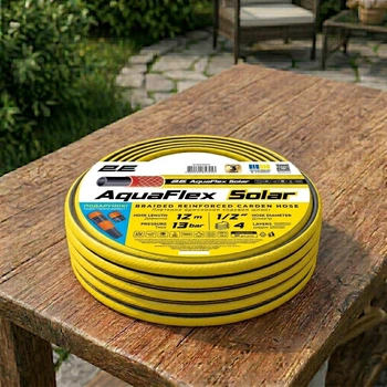 Армированный садовый многослойный шланг для полива 12 м 4 слоя из ПВХ 2Е AquaFlex Solar 1/2" Четырехслойный шланг + ороситель + коннектор-адаптер 2в1 Желтый с черной полоской