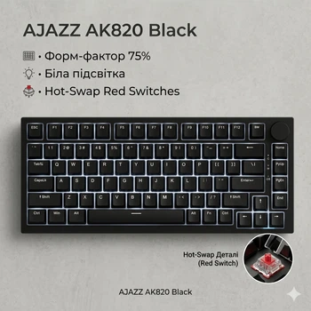 Клавиатура AJAZZ AK820 Black Игровая Проводная Механичиская,USB-C, белая подсветка, Red Switch