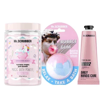 Набір для догляду шкіри тіла Mr.SCRUBBER: Пудра для ванни Mr.SCRUBBER Magic Bath Powder Unicorn Dust 250 г + Бомбочка для ванни Mr.SCRUBBER Bath Bomb Bubble Gum 200 г + Крем для рук Mr.SCRUBBER Moisturizing Hand Cream Peony in Love 30 мл