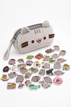 Набор Pusheen плюшевый пенал косметичка и наклейки 100 шт ⬩ органайзер для школы и творчества ⬩ серый