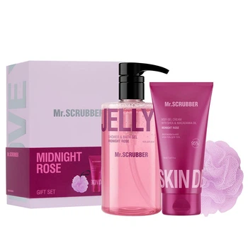 Набор для тела Mr.SCRUBBER Midnight Rose: Гель для душа Mr.SCRUBBER Jelly Bubbles Midnight Rose Shower & Bath Gel 500 мл + Крем-гель Mr.SCRUBBER Skin Delights Body Gel Cream Midnight Rose 150 мл + Мочалка для душа