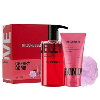 Набор для тела Mr.SCRUBBER Cherry Bomb: Гель для душа Mr.SCRUBBER Jelly Bubbles Cherry Bomb Shower & Bath Gel 500 мл + Крем-гель Mr.SCRUBBER Skin Delights Body Gel Cream Cherry Bomb 150 мл + Мочалка для душа